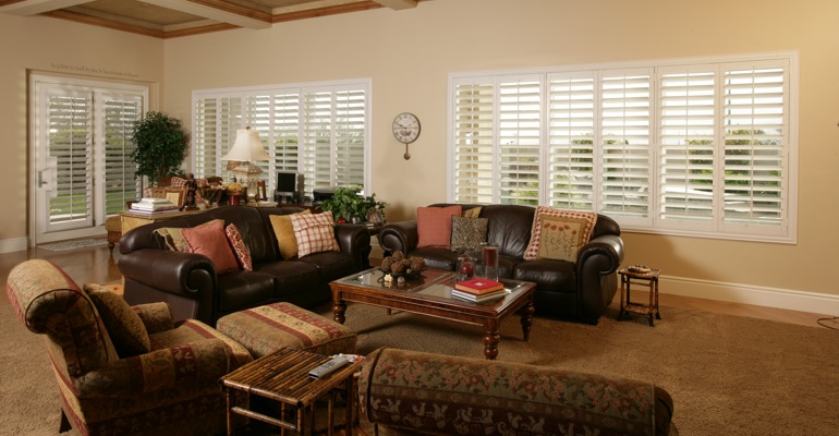 Las Vegas great room with polywood shutters.